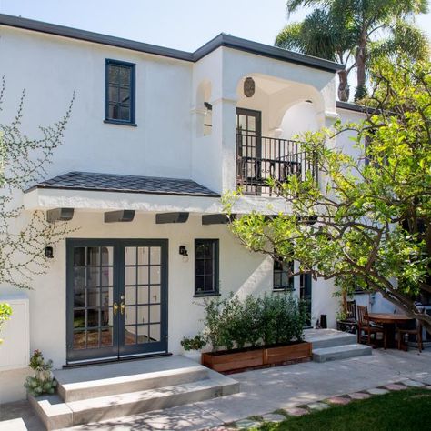 Colonial Modern, Second Floor Balcony, Spanish Revival Home, Mediterranean Exterior, Hollywood Hills Homes, Spanish Modern, Mediterranean Style Home, French Doors Patio, Tuscan House