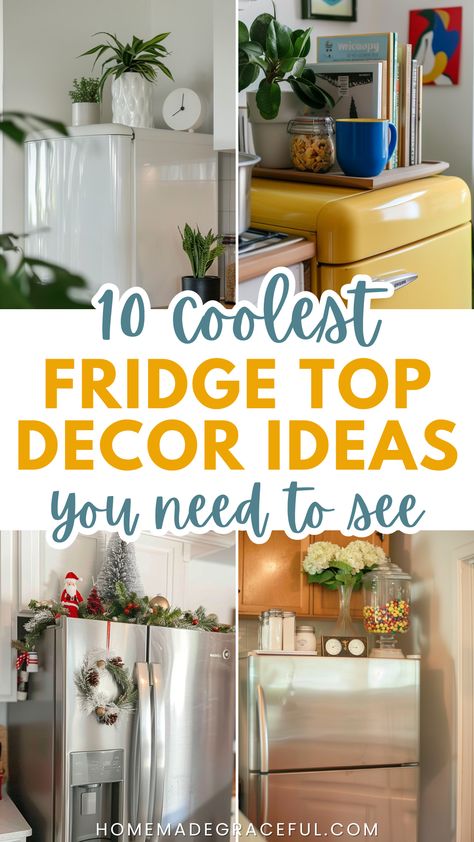 fridge top decor ideas Space Above The Fridge Ideas, Space On Top Of Fridge, Cupboards Above Fridge, Refrigerator Picture Display, Above Fridge Christmas Decor, Top Of The Fridge Storage, How To Decorate Top Of Fridge, Decorate Above Fridge, Over The Refrigerator Storage Ideas