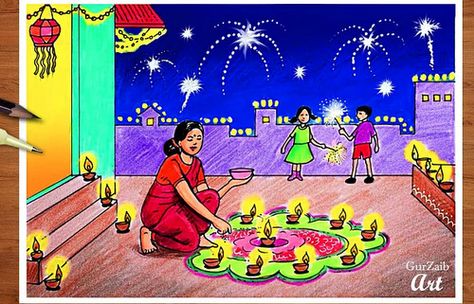 Diwali Pictures For Kids, Diwali Composition Drawing, Diwali Memory Drawing Watercolor, Diwali Theme Drawing, Drawing Related To Diwali, Diy Candles For Diwali, Diwali Drawing Ideas Easy, Diwali Drawing Sketch, Diwali Drawing Ideas For Kids