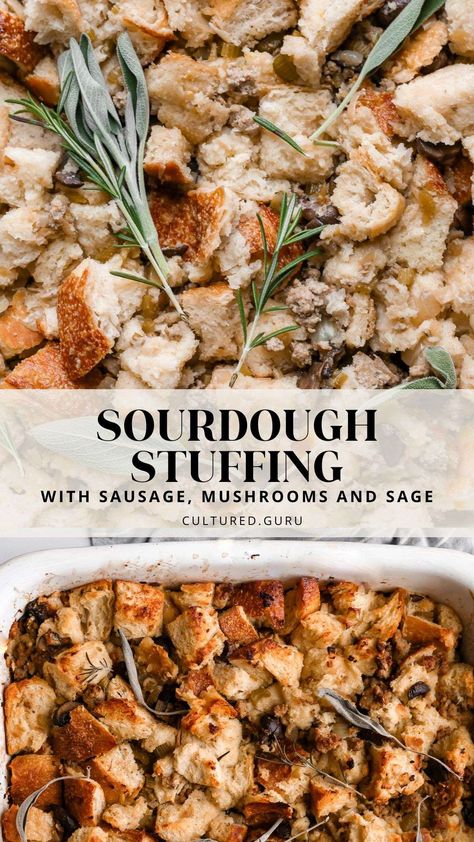 Sourdough stuffing is the most delicious Thanksgiving side dish. Made from scratch with sourdough bread, portobello mushrooms, pork sausage, and sage, this sourdough sausage stuffing will impress your dinner guests! #sourdough #stuffing #thanksgiving #sides Stuffing Recipes With Mushrooms, Sourdough And Cornbread Stuffing, Sourdough Discard Thanksgiving, Sour Dough Stuffing Recipe, Sourdough Stuffing Thanksgiving, Thanksgiving Sourdough Recipes, Sourdough Stuffing Recipes, Sausage Sage Stuffing, Sausage Stuffing Thanksgiving