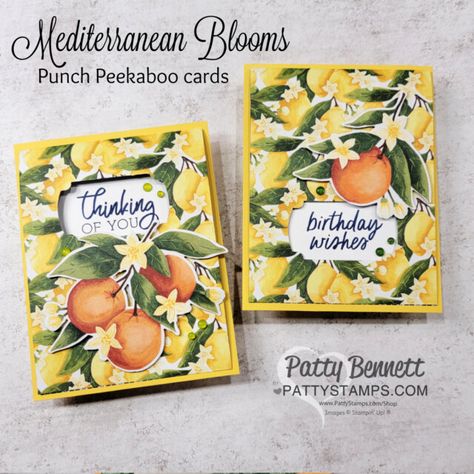 Punch Peekaboo cards featuring Stampin UP! Mediterranean Blooms DSP and Labeled with Love punch by Patty Bennett Peekaboo Cards, Patty Bennett, Card Making Video Tutorials, Card Making Ideas, Free Stamps, Card Making Videos, Free Card, Sweet Citrus, Fancy Fold Cards