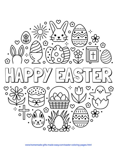 Easter Coloring Pages | Happy Easter message with cross, bible, eggs, rabbits, chicks, and flowers Easter Colour In Free Printable, Easter Colouring Pages Christian, Easter Pages Printable, Easter Eggs Ideas Drawing, Happy Easter Drawing Ideas, Easter Adult Coloring Pages, Easter Colouring Pages Printables, Easter Coloring Pages For Adults, Easter Colouring Printables