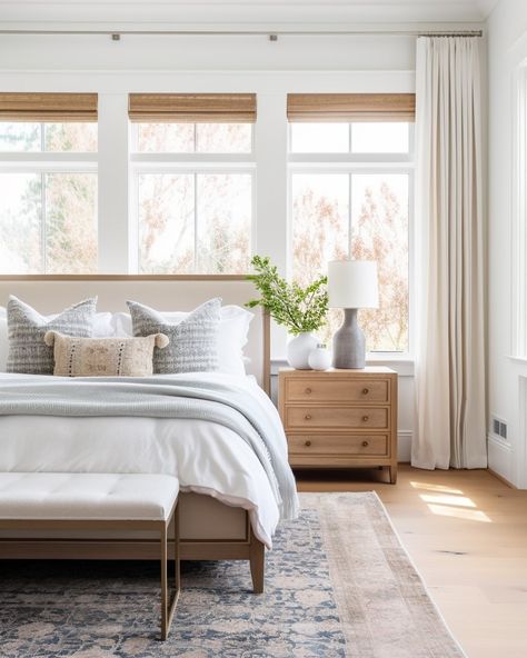 Calm, neutral bedrooms are where dreams are made ✨ Bedroom Decor White Headboard, Clean Simple Master Bedrooms, Neutral Home Design Ideas, Calm Master Bedrooms Decor, White Airy Bedroom, Bright Master Bedrooms Decor, Neutral Bedroom With Blue Accents, Warm Transitional Bedroom, Simple Master Room Design