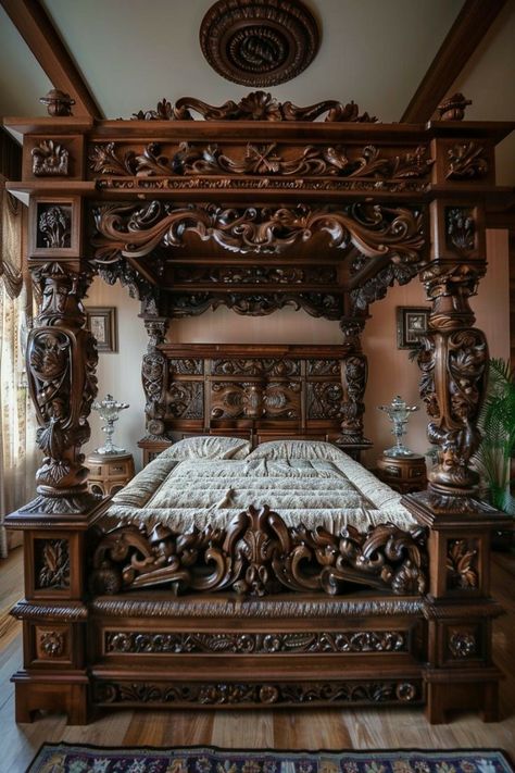 Medieval Bed, Bed Furniture Set, Box Bed Design, Bed Design Ideas, Beautiful Bedroom Decor, Wooden Carving, Best Bed, Home Decor Hooks, Victorian Furniture