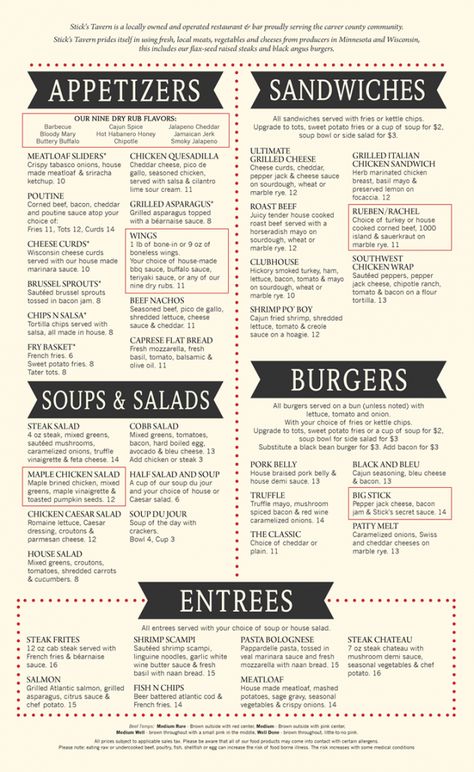 Tavern Design Ideas, Bar And Grill Menu Ideas, Lunch Menu Ideas Restaurant, Pub Menu Design, Gourmet Hamburgers, Tavern Food, Pizzeria Menu, Restaurant Menu Ideas, Lodge Bar