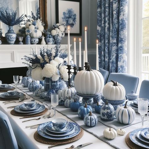 #thanksgivingdecor #diyideas #falldecor #tablescape #thanksgivingtable #homedecor #autumndecor #fallfeast #craftideas #thanksgivingcenterpiece Orange And Blue Thanksgiving Table, Blue Willow Thanksgiving Table, Blue And Orange Thanksgiving Tablescape, Navy Blue Thanksgiving Table, Blue And White Thanksgiving Tablescape, Blue And White Thanksgiving Table, Blue Thanksgiving Table Decor, Blue And White Thanksgiving, White Thanksgiving Table