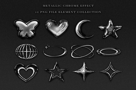 Y2K metallic chrome collection Graphic Design Letters, Y2k Icons, Keyword Elements Canva, 3d Poster, Y2k Design, Y2k Accessories, Tattoo Design Drawings, Aesthetic Stickers, Aesthetic Design