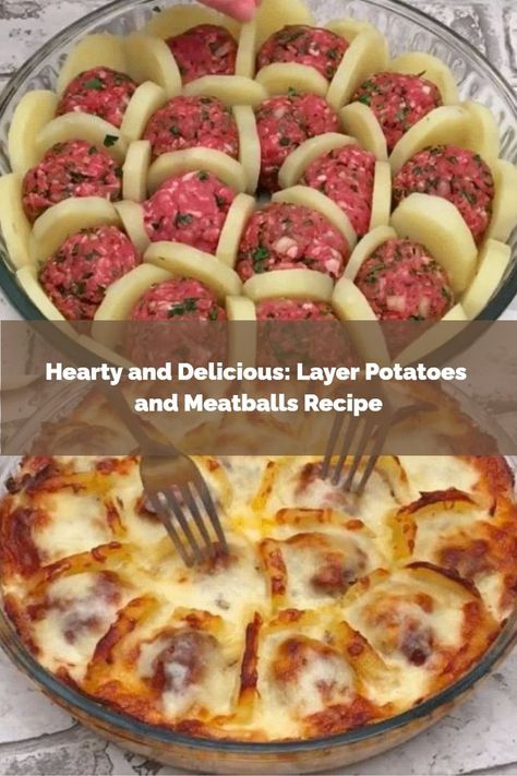 A layered casserole dish filled with golden brown meatballs and tender potatoes, topped with a sprinkle of parsley. Potatoes And Meatballs, Layer Potatoes, Meatballs And Cheese, Meatball Casserole Recipe, Potatoes Casserole, Boil Potatoes, Layered Potato, Easy Chicken Thigh Recipes, Potatoe Casserole Recipes