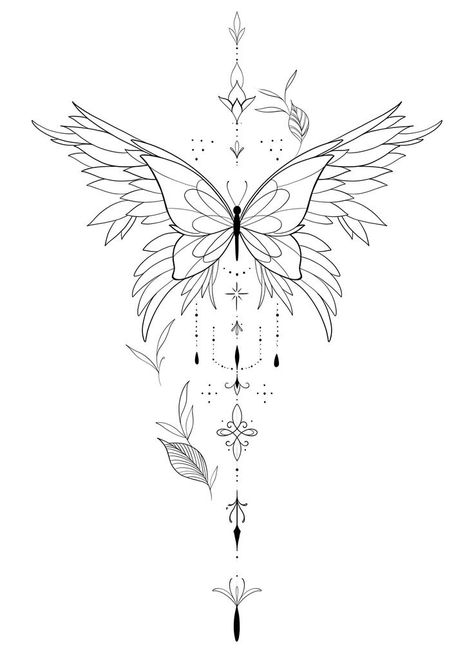 Angel Wings Spine Tattoo, Butterfly Back Tattoo Spine, Spine Back Tattoo, Angel And Butterfly, Small Girly Tattoos, Torso Tattoos, Small Pretty Tattoos, Writing Tattoos, Spine Tattoos For Women