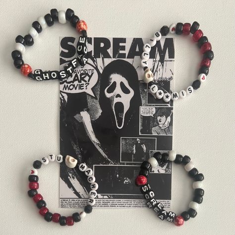 Hand made bracelets inspired by the horror movie Scream. Clay Bead Bracelet Ideas Scream, Punk Kandi Bracelets, Little Brother Christmas Gifts, Ghost Face Bracelet, Horror Beaded Bracelet, Scream Bracelet Ideas, Horror Movie Bracelets, Horror Movie Beaded Bracelet, Easy Kandi Bracelets