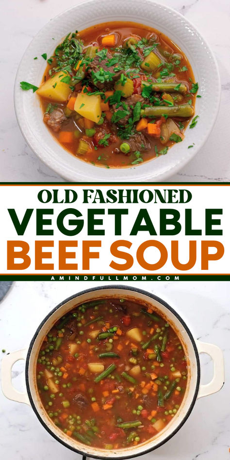 Old Fashioned Vegetable Beef Soup recipe is the ultimate comforting soup! Made with tender chunks of beef and a rich broth filled with perfectly cooked vegetables, this recipe is elevated with a few key ingredients to deliver the best ever Vegetable Beef Soup recipe! Vegatable Beef Soup, Beef Broth Soup Recipes, Veg Beef Soup, Old Fashioned Vegetable Beef Soup, Soup With Beef Broth, Crockpot Vegetable Beef Soup, Easy Veggie Soup, Beef Veggie Soup, Beef Vegetable Stew