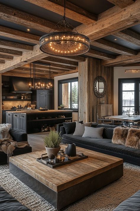 29 Industrial Farmhouse Living Room Ideas for a Unique Touch 8 Barndominium Interior Living Room, Scandinavian And Industrial Interior, Modern Rustic Sectional Sofa, Lower Level Living Room, Timber Interior Design, Urban Cowboy Interior Design, Dark Modern Rustic Living Room, Timber House Interior Design, Industrial Home Decor Ideas