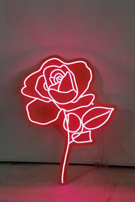 A flowers led neon sign put on the wall Rose Neon Sign, Flower Neon Sign, College Rooms, Neon Sign Wall, Neon Sign Art, Neon Signs Home, Neon Sign Shop, Neon Flowers, Dorm Wall Decor