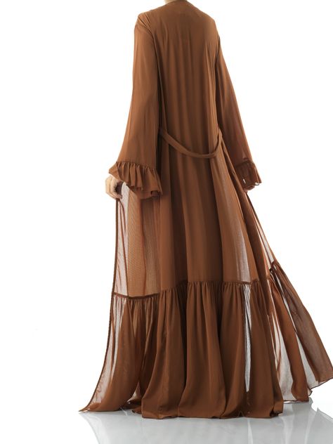 Brown Tiered ruffle chiffon maxi cardigan Kabayare Abaya Design, Lansing Mi, Maxi Cardigan, Chiffon Ruffle, Chiffon Maxi, Pitcairn Islands, Dress Design, Guinea Bissau, Beautiful Dresses