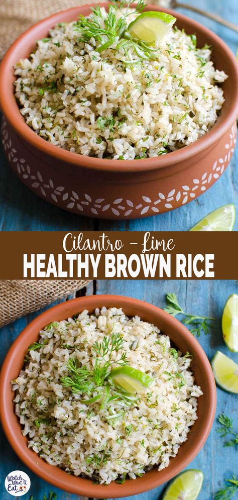 This healthy cilantro lime brown rice pairs perfectly with many Mexican dishes. You will love this Mexican inspired simple and easy rice recipe. Also, it is vegan and gluten-free. | #watchwhatueat #brownrice #Mexican #healthyrecipe Cilantro Lime Brown Rice And Quinoa, Chipotle Cilantro Lime Rice, Lime Brown Rice, Cilantro Lime Brown Rice, Daniels Fast, Daniel Fast Recipes, Brown Rice Recipes, Easy Rice, Easy Rice Recipes