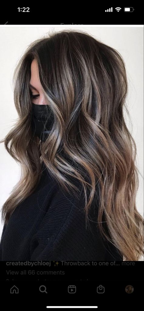 Frosted Dark Brown Hair, Dark Brown Base With Ash Blonde Balayage, Highlights To Disguise Gray Hair, Trendy Highlights For Brunettes, Brunette With Ash Blonde Highlights, Ashy Babylights On Dark Hair, Deep Brown Hair, For Brunettes Highlights, Balayage Ideas