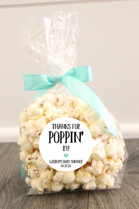 Thanks for Poppin' by baby shower favor popcorn bag sticker ribbon, sprinkle thank you treat by CaysonAndCo on Etsy Baby Shower Popcorn Favors, Popcorn Baby Shower Favors, Gender Reveal Party Favors, Popcorn Bag, Popcorn Favors, Baby Shower Sweets, Bag Sticker, Ribbon Heart, Popcorn Bags