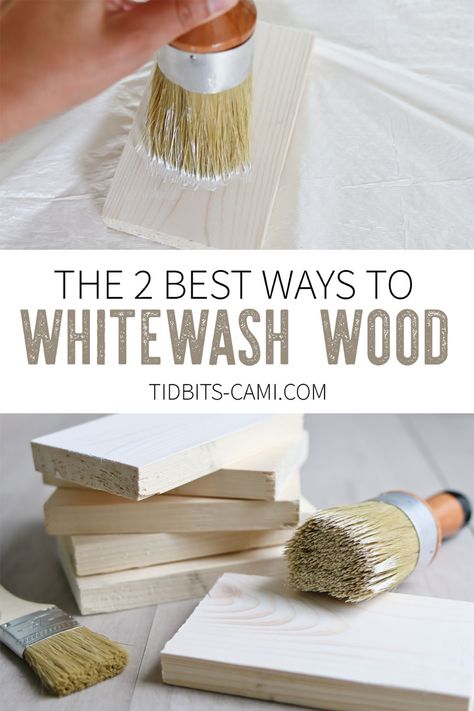 How to Whitewash Wood | 2 Techniques to Get the Look. Find out why pine is the best choice for whitewashed wood. #camitidbits #whitewash #whitewashwood #pinewood #whitewashedpine #diy #diywhitewash #painting #staining #picklingstain How To White Wash Pine Wood, Whitewashed Pine Furniture, Whitewash Dining Table Diy, Whitewash Pine Wood, Whitewash Pine Furniture, How To Paint Wash Wood, White Wash Pickling Stain Wood, White Wash Pine Wood, Pine Dressers