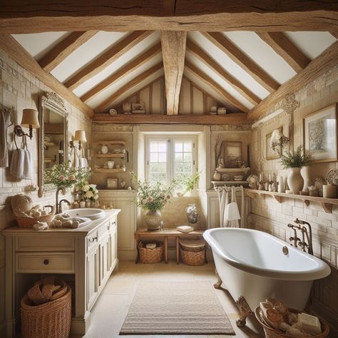 French Country Bathroom Exposed Beam French Styled Bathroom, Cottage Bathrooms Country, French Farmhouse Bathroom Ideas, Country French Bathroom, French Country Cabin, French Country Bathroom Ideas, Country Bathroom Ideas, French Style Bathroom, French Cottage Bathroom