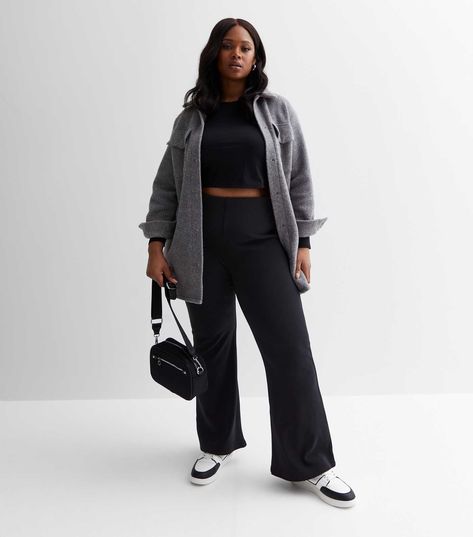 Curves Black Ribbed Flared Trousers | New Look Black Flared Trousers Outfit, Flared Trousers Outfit, Black Flared Trousers, Flare Leg Pants Outfit, Trousers Outfit, Black Flare Pants, Trouser Outfit, Winter Fashion Outfits Casual, Flared Trousers