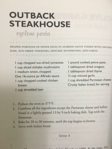 Outback Cyclone Pasta, Cyclone Pasta Outback, April Recipes, Chrissy Teigen Recipes, Pasta With Mushrooms, Recipe Italian, Outback Steakhouse, Tuscan Chicken, Steak House