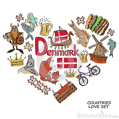 Danish symbols in heart shape concept Denmark Tattoo Ideas, Danish Symbols, Denmark Illustration, Denmark Culture, Travel Background, Danish Flag, International Craft, Denmark Flag, Geography For Kids