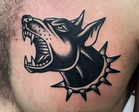 Dog Head Tattoo Traditional, Rottweiler Traditional Tattoo, Barking Doberman Tattoo, American Traditional Cerberus Tattoo, Blackwork Dog Tattoo, Cerberus Tattoo Traditional, Dog Barking Tattoo, Traditional Dachshund Tattoo, Dog American Traditional Tattoo