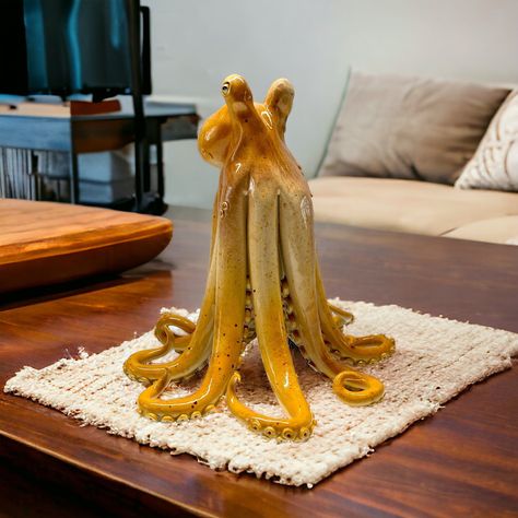 Ceramic octopus \"Sunny\" Sea Creature Sculpture, Ceramic Octopus Sculpture, Clay Ocean Animals, Octopus Ceramics, Ceramic Octopus, Clay Octopus, Clay Sculpture Art, Tabletop Sculpture, Orange Octopus