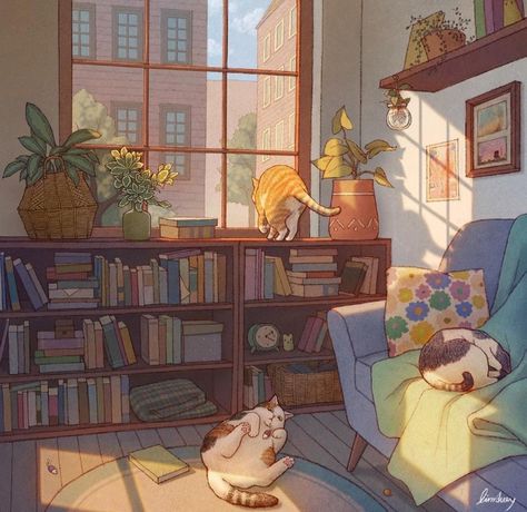 Aesthetic Lofi Art, Lofi Art, Cats Painting, Cats Sleeping, Cozy Art, Anime Cats, Japon Illustration, Sanya, Cool Wallpapers Art