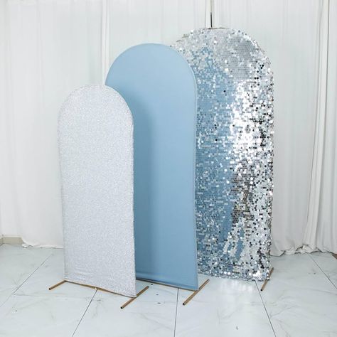 Amazon.com: Efavormart Set of 3 | Dusty Blue/Silver Round Top Fitted Photo Backdrop Stand Covers, Big Payette Sequin, Shimmer Tinsel and Matte Spandex Wedding Arch Frame Covers : Home & Kitchen Small Wedding Arch, Photo Backdrop Stand, Medium Wedding, Blue Party Decorations, Arch Frame, Winter Dance, Sequin Backdrop, Denim And Diamonds, Large Wedding