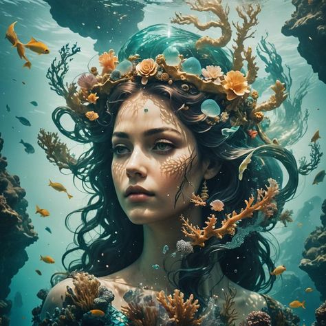 Amphitrite in her oceanic kingdom - AI Generated Artwork - NightCafe Creator Amphitrite Aesthetic, Amphitrite Goddess, Ethereal Core, Goddess Of The Sea, Ancient Goddesses, Police Women, Art Generator, Greek Goddess, Greek Mythology