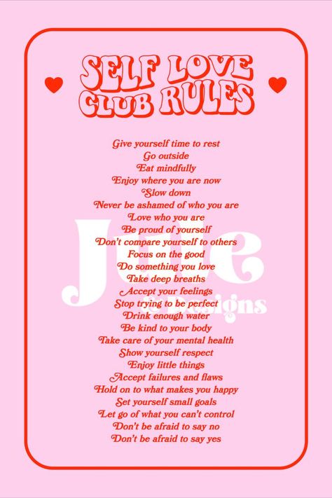 This trendy pink and red Self Love Club Rules wall print will be perfect as a daily reminder of positive affirmations. A reminder for your body, your mind, your soul. Don't forget to take care of yourself! A downloadable poster to print yourself and display in your living room, kitchen, bedroom or office!

#selfloveclub #selflove #motivationnal #digitaldownload #pinkaesthetic #preppyroomdecor #aestheticroomdecor #dormdecor #positivity #retroquote #printableart #Y2Ktrend #trendyposter #cuteprint Self Love Room Decor, Bedroom Rules Poster, Red White Pink Room Aesthetic, Room Rules Bedrooms, Self Love Club Wallpaper, Bedroom Rules, Pink Self Love, Self Love Poster, Mid Modern Century