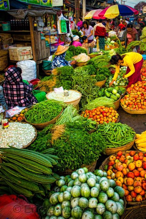 Vivid fruits and vegetables brought to market in Hpa-An, Myanmar (Burma). Hpa An, Market Reference, Mombasa Kenya, People References, Myanmar Travel, Traditional Market, Seni Cat Air, Outdoor Market, Alam Semula Jadi