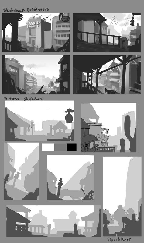 Comic Art Style Background, Art Thumbnails Sketch, Lineless Background Art, Illustration Composition Ideas, Thumbnail Concept Art, How To Draw A Background, Illustration Thumbnails, Comic Thumbnails, Concept Art Thumbnails