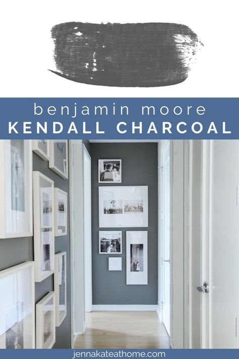 Benjamin Moore Kendall Charcoal is the dark slate gray of your dreams. See how to incorporate it into your home. Wall Kitchen Island, Charcoal Paint Color, Kendall Charcoal Benjamin Moore, Benjamin Moore Kendall Charcoal, Statement Fireplace, Best Gray Paint Color, Painting Trim White, Kendall Charcoal, Charcoal Paint