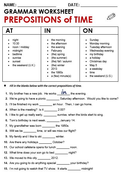 Time: At / In / On - All Things Grammar Preposition Of Time, Preposition Worksheets, English Prepositions, English Grammar Exercises, Grammar For Kids, Grammar Exercises, English Exercises, Teaching English Grammar, Time Worksheets