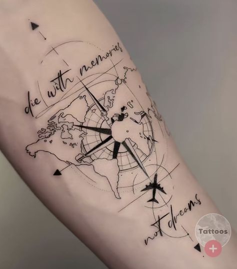 Geometric Map Tattoo, Travel Simple Tattoo, Travel Buddy Tattoos, Fineline Travel Tattoo, Life Balance Tattoo, Map And Compass Tattoo Design, Schematic Tattoo, Travel Tattoo Men, Travelling Tattoos