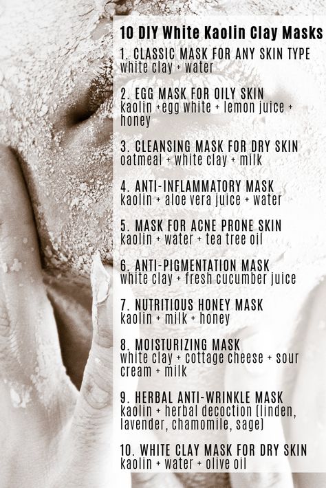 Today we have prepared 10 DIY white clay masks recipes which are included in our ultimate list of 80 DIY clay masks with 8 clay types. Make white clay an essential component in your homemade masks: for treating acne, reducing oily shine, for antiseptic and regenerating effects, for nourishing the skin with minerals, absorbing toxins and easing cells regeneration. These advantages and also its affordable price, make white clay an indispensable component in DIY face masks. Kaolin Clay Recipes, Bath Remedies, Natural Apothecary, Clay Types, Clay Mask Recipe, Diy Clay Mask, Kaolin Clay Mask, White Clay Mask, Paradise Hills