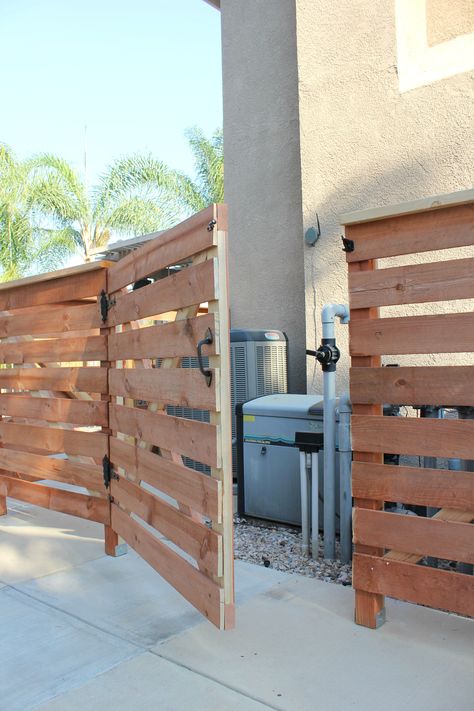 hide pool equipment with diy fence gate Ac Unit Privacy Fence, How To Hide Pool Equipment, How To Hide Pool Filter And Pump, Pool Pump Cover Ideas Diy, Hide Pool Equipment Ideas, Hide Pool Equipment, Backyard Ideas With Pool, Pool Equipment Cover, Fence Around Pool