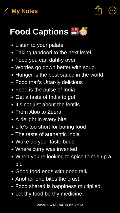 Indulge in a feast for the eyes and the palate with our Food Captions for Instagram! Enhance your foodie game with mouthwatering descriptions that pair perfectly with your culinary creations. From decadent desserts to savory sensations, these captions will make your followers drool and double-tap in delight. Spice up your feed and let your food speak volumes. It's time to savor every bite and share the deliciousness with the world. Creative Instagram Names, One Word Caption, Instagram Food Pictures, Insta Bio Quotes, Short Instagram Captions, Food Captions, Good Insta Captions, Clever Captions For Instagram, Clever Captions