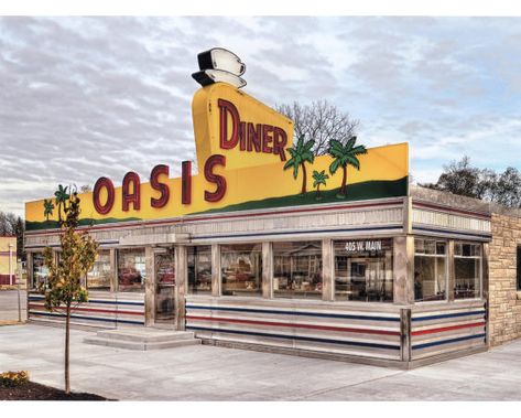 Oasis Diner Diner Exterior, Googie Signs, Kansas City Bars, Oasis Springs, Plate Of Food, Roadside America, Loveless Cafe, Town Aesthetic, Vintage History