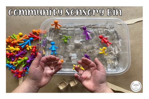 Learning about community and family can be a fun and hands-on experience when using the Community Sensory Bin. By combining water cubes and family counters (figures shaped like different people and pets in the community), young learners can spend hours exploring the sensory bin and learning about their own community! Neighborhood Sensory Bin, Family Sensory Bin, Toddler Classroom, People Figures, Different People, Body Awareness, Sensory Bin, Sensory Bins, The Community