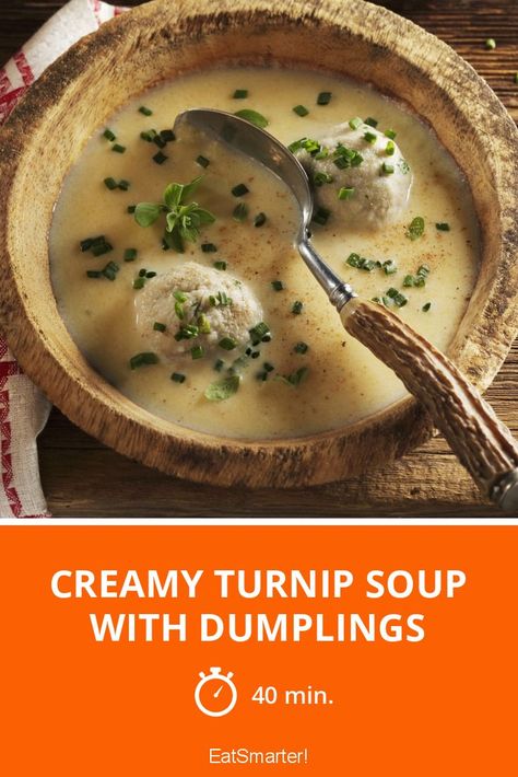 Creamy Turnip Soup with Dumplings - 508 kcal - simple dish - So healthy is the recipe: 79.0/10 | A recipe idea by EAT SMARTER | Vegetarian Soups, Vegetarian Appetizers, Rustic, Home Cooking, Country Style, Vegetable, Herb, Soup, Dumpling #rootvegetable #healthyrecipes Turnip Root Recipes, Turnip Soup Recipes, Soup With Turnips, Soups Vegetarian, Turnip Green Soup, Soup With Dumplings, Turnip Soup, Soup Dumpling, Kohlrabi Recipes