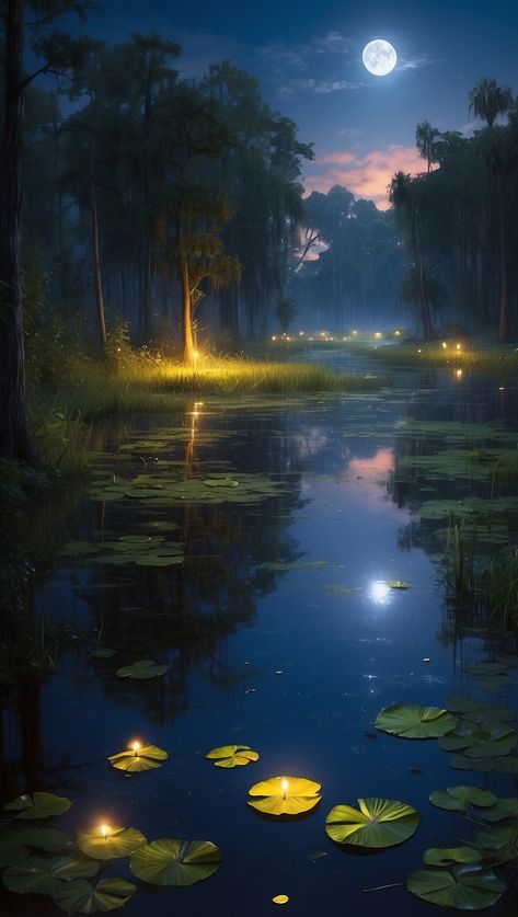 There is a pond with lily pads and a full moon in the sky Pond With Lily Pads Drawing, Lily Pads Aesthetic, Fantasy Pond, Pond Mermaid, Lily Pad Art, Lily Pad Lake, Pond At Night, Pond With Lily Pads, Magical Pond