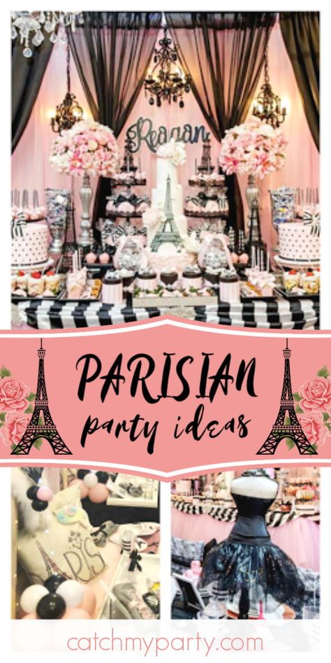 Take a look at this chic Parisian birthday party! The party decorations are amazing! See more party ideas and share yours at CatchMyParty.com #catchmyparty #partyideas #paris #parisianparty #girlbirthdayparty Parisian Chic Birthday Party, Eiffel Tower Themed Party Paris Birthday, A Day In Paris Theme Party, France Party Decorations, A Night In Paris Birthday Theme, Paris Themed Party Ideas, Paris Bday Party Ideas, Paris Balloon Arch, Paris Party Theme Decorations