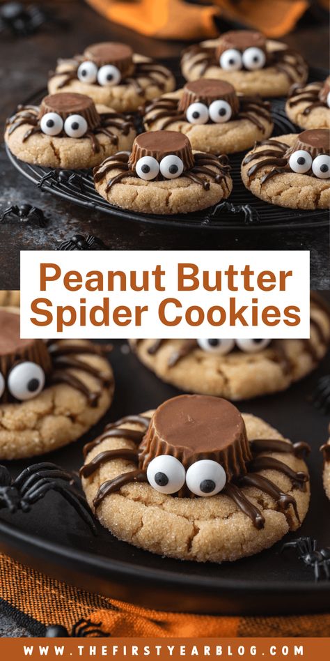 Soft and chewy peanut butter cookies topped with Reese's, melted chocolate, and candy eyes, these peanut butter spider cookies are both easy and fun to make. The perfect Halloween dessert for your next party! Treats To Make For Halloween, Homemade Cookies Halloween, Halloween Cute Food Ideas, Baking Recipes For Halloween, Fall Birthday Treats, Cute Halloween Baking Ideas, Spooky Food Recipes, Yummy Halloween Treats, Halloween Deserts Easy