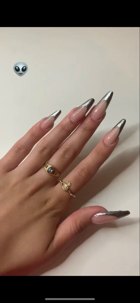 Silver French Tip Nails Stilleto, Silver Lined Nails, Matalic Nails Acrylic Silver, Silver Almond Acrylic Nails, Silver Nails French Tip, Shiny French Tip Nails, French Silver Nails, Silver Nails Long, Metallic French Tip Nails