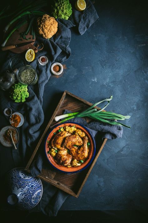 One Pot Meal Moroccan Chicken by Eva Kosmas Flores A simple, quick, and delicious one pot meal for Moroccan spiced braised chicken with garlic, onions, potatoes, ginger, and cauliflower. #moroccan #chicken #onepotmeal #recipe #braised #ginger #cauliflower #potatoes #poultry #dinner #entree #adventuresincooking Cauliflower Dinner, Braised Onions, Non Veg Food, Chicken And Potato Curry, Cauliflower Chicken, Garlic Cauliflower, Rustic Food Photography, Chicken With Garlic, Cauliflower Potatoes