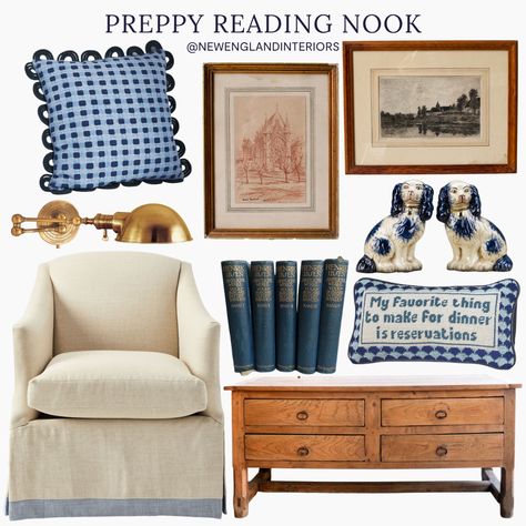 New England Interiors – Preppy Reading Nook – Throw Pillows, Chair, Lighting, Dresser, Wall Art, Decor & Accessories. Cottage Sitting Room Ideas, Preppy Family Room, New England Style Living Room, New England Home Decor, New England Interiors, New England Style Interiors, New England Bedroom, New England Interior Design, England Home Decor