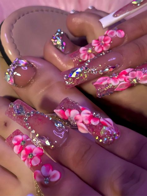 Nail Infection Pink Acrylic Nails With Charms, Long Pink Acrylic Nails, Acrylic Nails With Charms, Nails With Charms, Cafe Space, Nail Shapes Square, Long Press On Nails, Exotic Nails, Long Nail